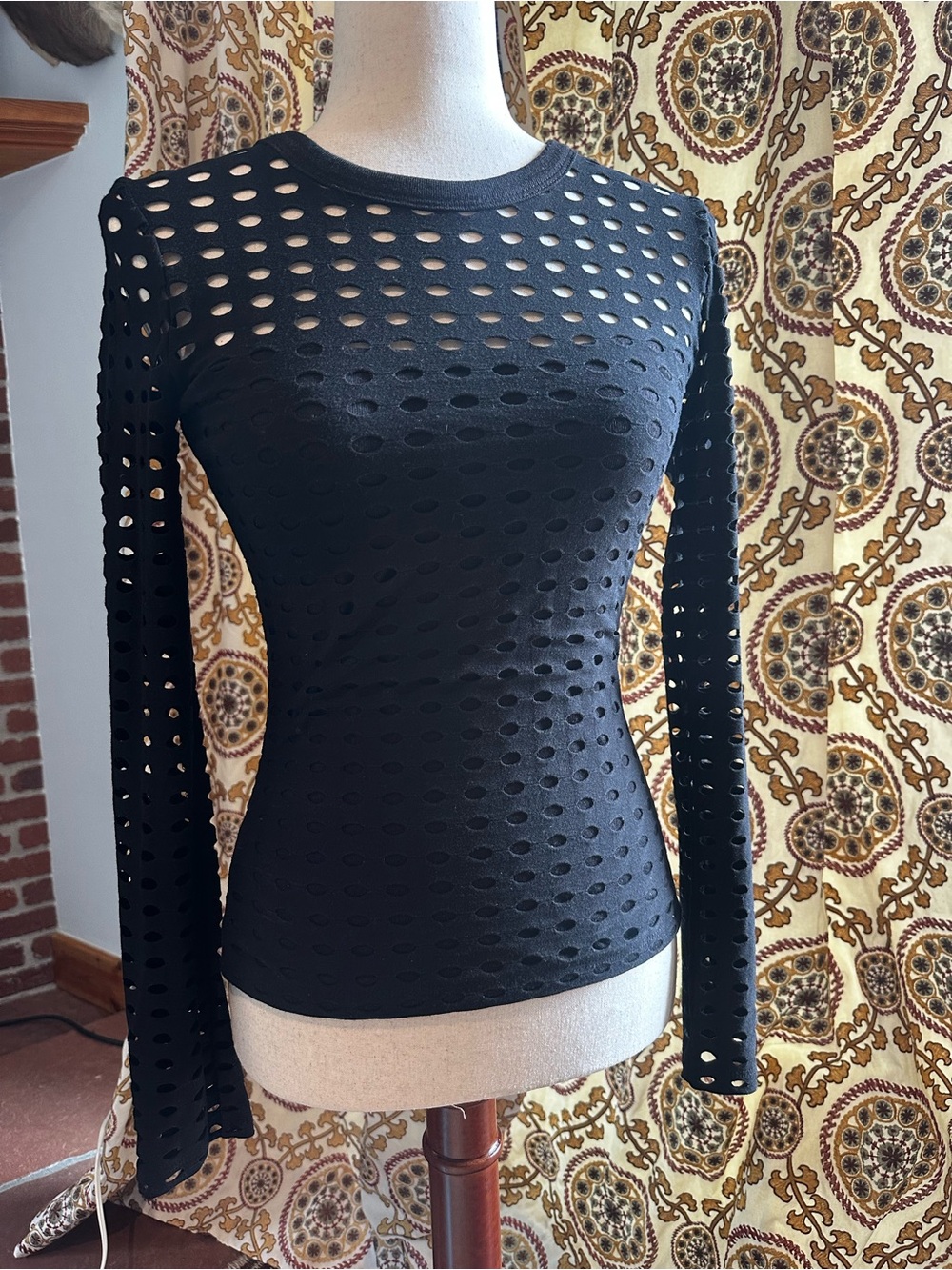 T by Alexander Wang Black Long-Sleeve Perforated Knit Top